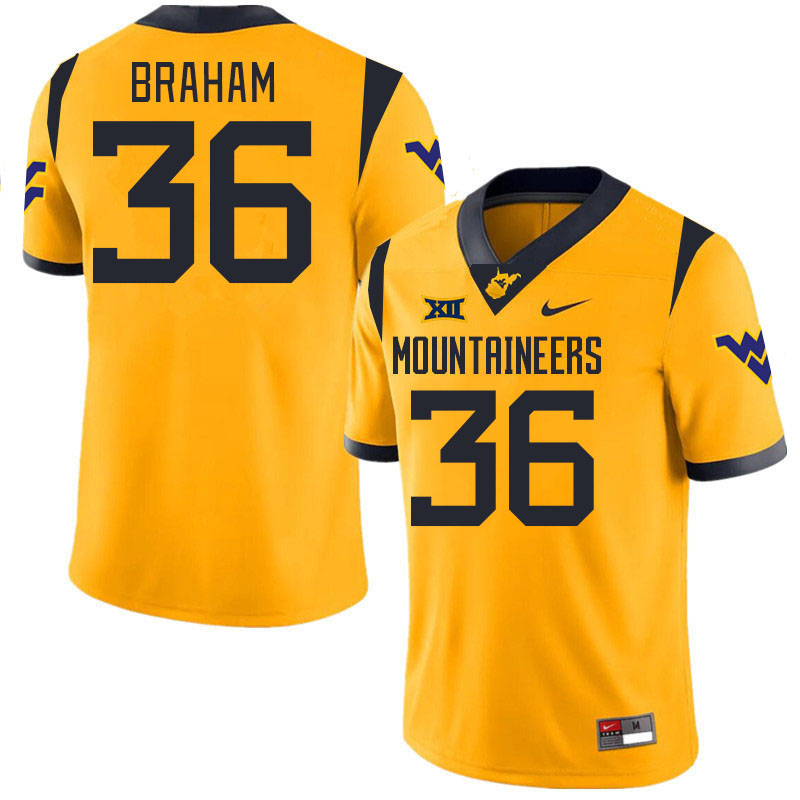 #36 Noah Braham West Virginia Mountaineers College 2024 New Uniforms Football Jerseys Stitched Sale-Gold